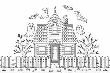 Haunted House Coloring Page with Ghosts and Bats for a Spooky Halloween Scene