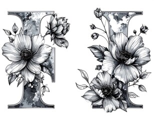 Monogrammed initial letter I with floral designs