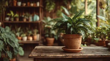 wooden pot with green plant illuminated by sunlight gentle mist creating fresh serene indoor atmosphere natural foliage decor scene