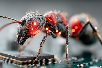 Cybernetic Ant Inspecting Microchip: Futuristic, High-Detail 3D Render, Dark Sci-Fi Mood.