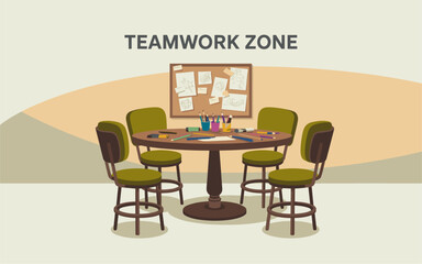 Flat vector illustration of a retro conference room with walnut table, molded plastic chairs, projector screen, and geometric ceiling light in a classic mid-century modern style