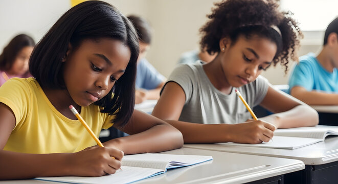 Diverse elementary school students focused on learning in classroom setting teamwork collaboration education success academic achievement children studying together knowledge skills development - Powered by Adobe