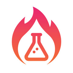 Red orange gradient flame surrounding a science flask with bubbles beaker laboratory