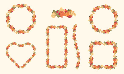 Colorful autumn frame set. Fall leaves, berries, acorn background. Vector banner.