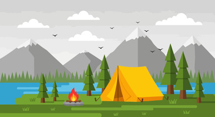 Peaceful summer camping adventure with a yellow tent and campfire by the lake in a mountain valley landscape illustration