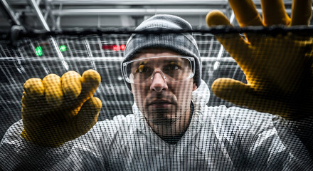 Data center technician inspecting server racks wearing protective gear maintaining technology infrastructure
