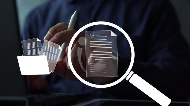 Closeup digital illustration of document verification and quality assurance process, showing magnifying glass, green check mark, and paperwork icons for compliance, audit, and approval validation syst