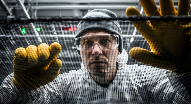 Data center technician inspecting server racks wearing protective gear maintaining technology infrastructure