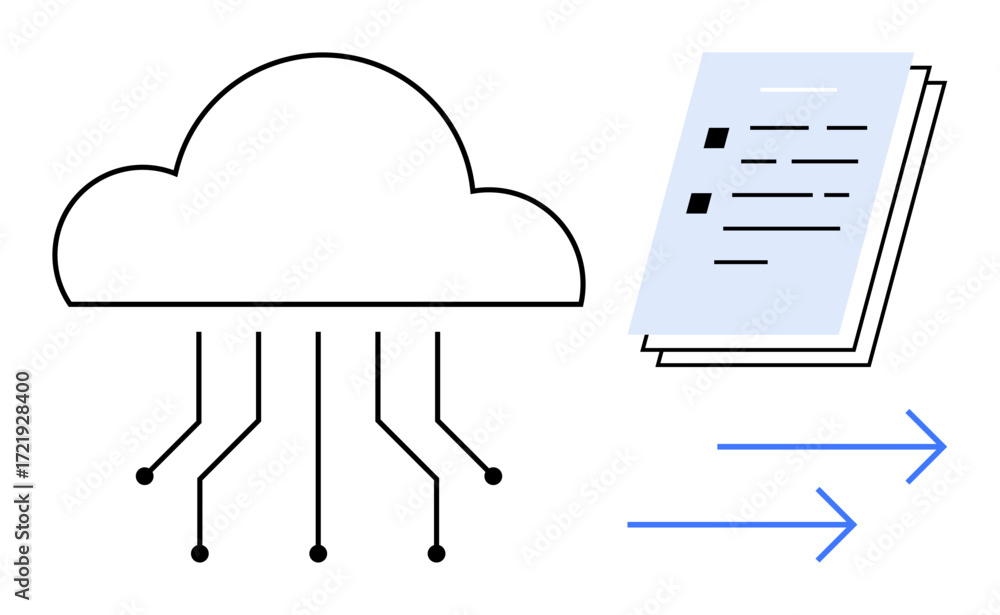 Poster cloud icon with connecting lines, documents, and arrows indicating data sharing. ideal for cloud com
