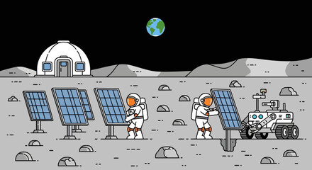 Future space colonization concept showing astronauts installing a solar panel farm for sustainable energy on the moon's surface © The blitz