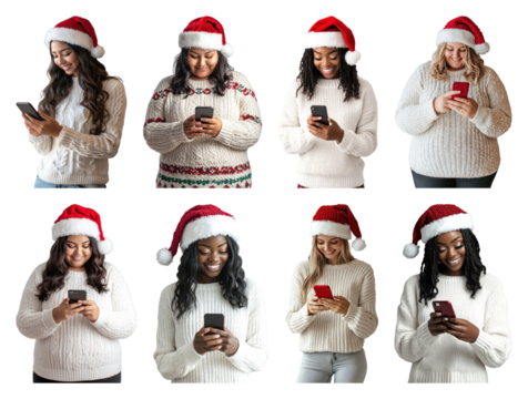 PNG Women wearing Santa hats texting, element set on transparent background