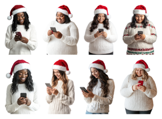 PNG Festive women using smartphones, element set on transparent background