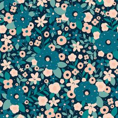 Modern vector textile design, all over flowers seamless pattern wrapping paper design, digital image printing factory, floral, peach color, blue background