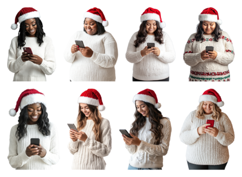 PNG Festive women using smartphones, element set on transparent background