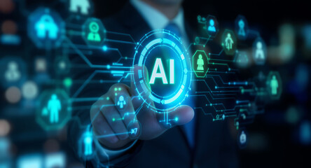 Businessman interacting with a glowing ai interface and network of icons