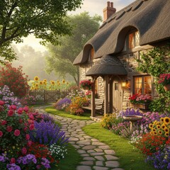 Enchanting Cottage Garden Pathway Bathed in Golden Hour Light