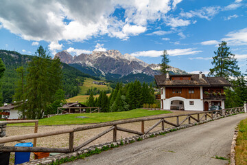 View of Cortina d'Ampezzo town, Belluno,  and mountains Dolomites . Italy.