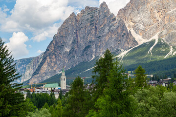 View of Cortina d'Ampezzo town, Belluno,  and mountains Dolomites . Italy.