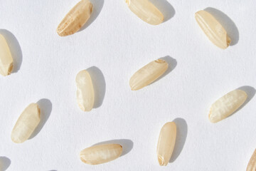 Close up of uncooked white and brown rice grains on a white surface for culinary and ingredient concepts.