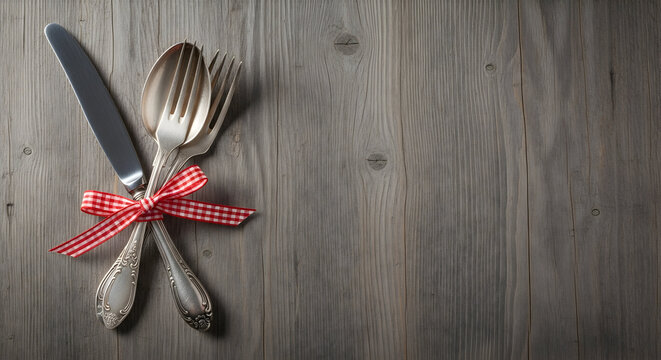 Elegant silverware setting rustic wooden table romantic dinner festive holiday celebration special occasion thanksgiving christmas family gathering place setting antique cutlery red ribbon bow
