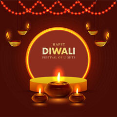 Happy Diwali Indian festival of lights banner, poster or web header design 3d Pedestal podium  Vector Illustration.