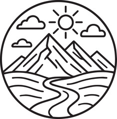 Circular mountain landscape with winding river and sunny sky