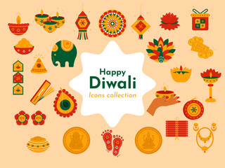 Happy Diwali Flat Set of twenty five vibrant beautiful colorful creative Icons. Vector Illustration.