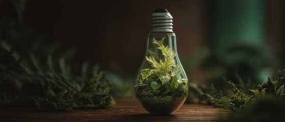The lightbulb showcasing a thriving miniature ecosystem within a glass enclosure.