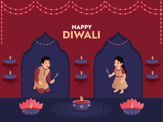 Happy Diwali Indian festival of lights. Cityscape or landscape background with kids celebrating festival. Flat trendy abstract Vector illustration.