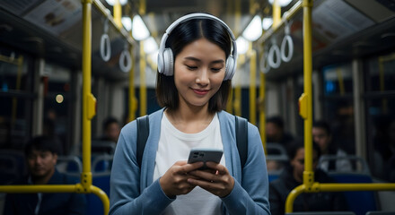 Young woman commuting on public transport listening to music using smartphone and headphones enjoying her journey urban lifestyle