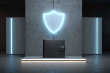 Cybersecurity:  Modern Wallet and Neon Shield, Futuristic Financial Protection Concept.