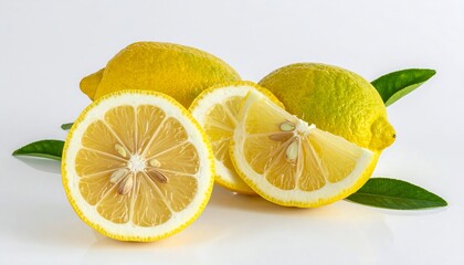 Fresh lemons, cut and whole, on white background