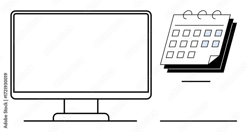 Aufkleber large desktop monitor beside a spiral-bound desk calendar with grid dates. ideal for productivity, p