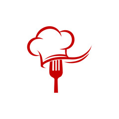 Red chef hat and fork logo, isolated on white background