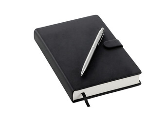 Black Leather Journal with Pen on Top Isolated on Transparent Background