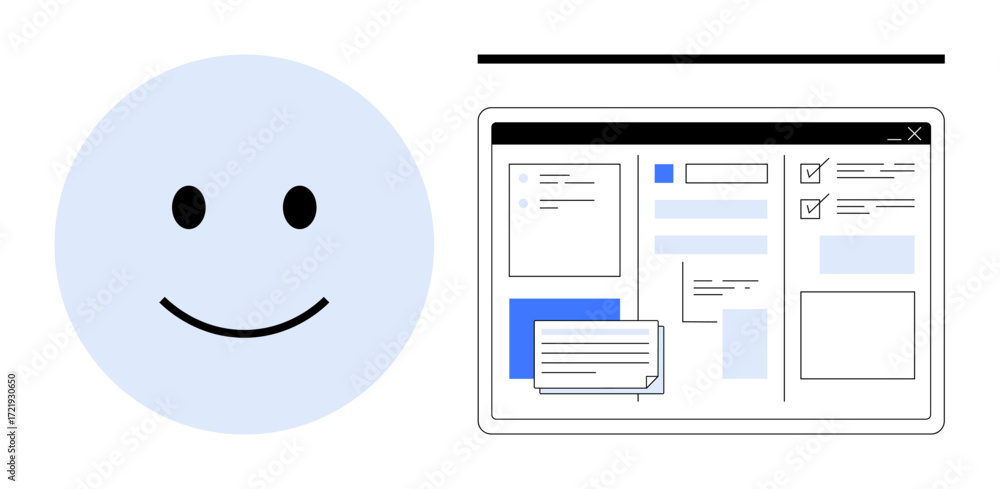 Aufkleber smiling face beside a structured workspace layout on a digital platform with checklists, windows, an