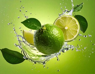 Fresh limes in water splash