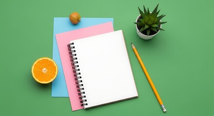 Minimalist Desktop Workspace with Notepad Pencil and Citrus Fruit