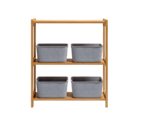 A simple wooden shelf unit with four grey textured storage baskets, two on each shelf, isolated on a transparent background