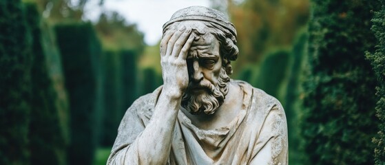 Weathered stone statue contemplative pose garden setting