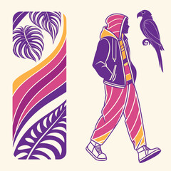 Man with parrot illustration with tropical leaf design element