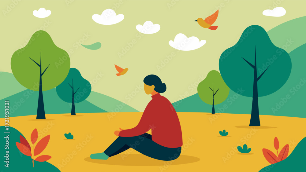 Poster a person sitting in a park listening to the rustle of leaves and chirping of birds finding peace and