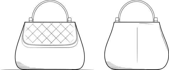 Luxury handbag front and back view illustration, quilted purse design template, elegant leather bag vector drawing, fashion accessory outline for women