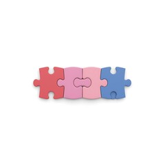 Fototapeta premium Four colorful puzzle pieces connected in a row isolated on white background