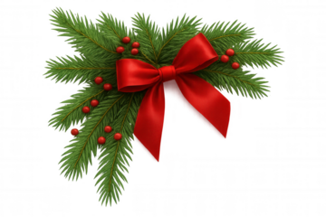 Christmas fir branch decoration with red ribbon bow and holly berries for holiday season greetings, transparent background