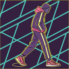 Man in tracksuit walking with retro background and neon lines art