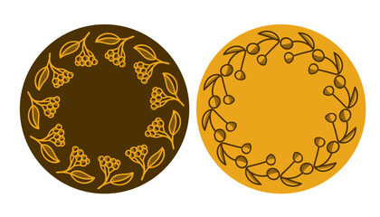 Autumn frame of acorns, chestnut, leaves. Round frame of hand drawn doodle autumn leaves in circles for stickers, banners, outdoor ads. Vector square isolated on white background.