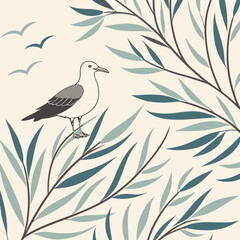 Seagull perched on a branch with leaves and birds in the background