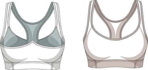 Women sports bra flat sketch, activewear racerback crop top design, fitness workout bra template, fashion technical garment illustration, yoga gym apparel drawing
