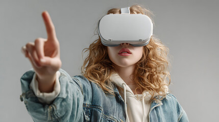 woman enjoying immersive virtual reality experience wearing vr glasses gesturing finger exploring technology curiosity engagement digital lifestyle scene